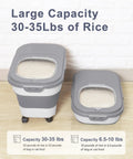 Space Saving Collapsible Rice Storage Container With 20 To 30 Lb Capacity Rolling Wheels Airtight Locking Lid Includes Cup And Scoop Great For Rice Flour Pet Food And More Sturdy Pantry Organizer For Kitchen showing two bins with lids.