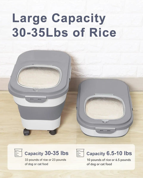 Space Saving Collapsible Rice Storage Container With 20 To 30 Lb Capacity Rolling Wheels Airtight Locking Lid Includes Cup And Scoop Great For Rice Flour Pet Food And More Sturdy Pantry Organizer For Kitchen showing two bins with lids.