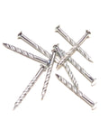 Premium Carbon Steel Floor Screws Silver 1.25 Inch 13 Gauge Nails scattered on a white background for flooring projects.