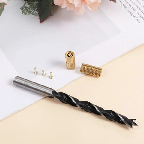 Built to Last Sleek Concealed Brass Barrel Hinges Set With 8mm Drill Bit and 180 Degree Opening, Hideaway Hardware displayed with 3 screws