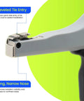 Close-up of ergonomic cable tie gun's beveled tie entry and long nose for easy access, featuring adjustable tension control.