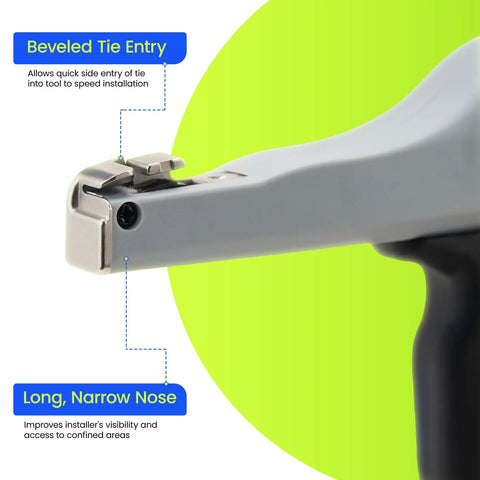 Close-up of ergonomic cable tie gun's beveled tie entry and long nose for easy access, featuring adjustable tension control.