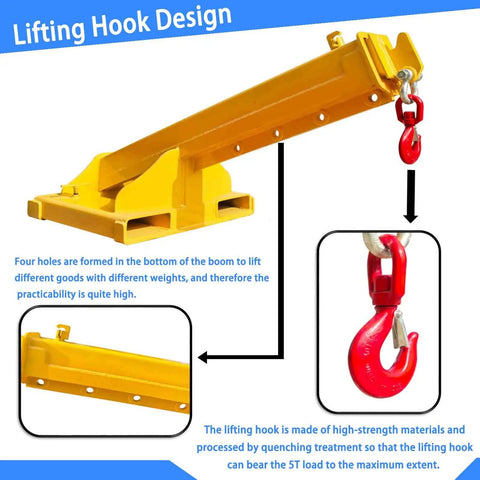 Hella Tough 11000 Pound Forklift Jib Boom Crane With Fully Telescopic Arm And Truss Hoist Hook design detail and lifting hook close-up.