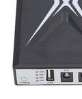 Close-up of a 10400mAh Mini UPS Battery Backup with dual inputs for 9V and 12V, showing power button, USB port, and LED indicators.