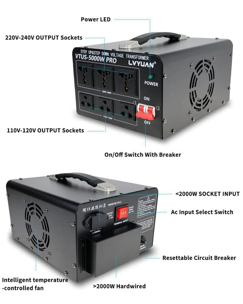 Front and back view of 5000 Watt Voltage Transformer Beefy Heavy Duty Step Up Step Down Converter for home and workshop use with hard-wired connection.