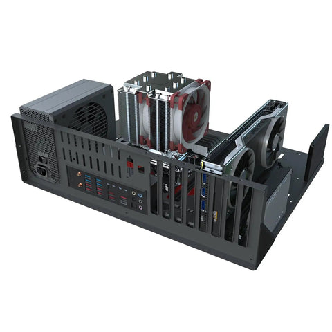 Open Frame Gaming PC Case And Test Bench Rig For E-ATX ATX M-ATX ITX Motherboards with components installed, black design.