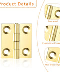 Product details of ten sets 1 inch gold mini brass hinges with screws for jewelry boxes DIY projects, showing rust-proof finish and hinge design.