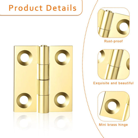 Product details of ten sets 1 inch gold mini brass hinges with screws for jewelry boxes DIY projects, showing rust-proof finish and hinge design.