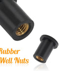 Close-up of M4 rubber well nuts with brass insert, part of 12 Pack M4 Rubber Well Nuts Neoprene Expansion Brass Fasteners For Motorcycle Fairings And Watercraft Sealing Holes And Dampening Vibration Universal Mounting Hardware For Canoe Boat Kayak