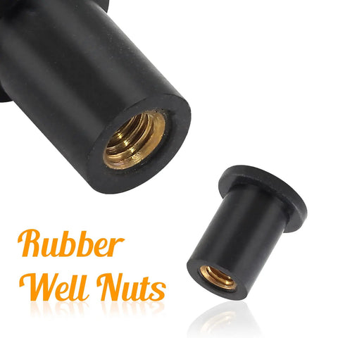 Close-up of M4 rubber well nuts with brass insert, part of 12 Pack M4 Rubber Well Nuts Neoprene Expansion Brass Fasteners For Motorcycle Fairings And Watercraft Sealing Holes And Dampening Vibration Universal Mounting Hardware For Canoe Boat Kayak