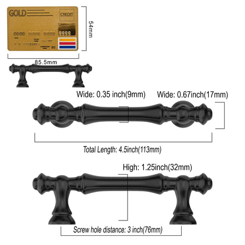Modern Matte Black Cabinet Pulls For Kitchen Drawers And Bathroom Vanities Slick Drawer Hardware 4.5 inches long with detailed specs.