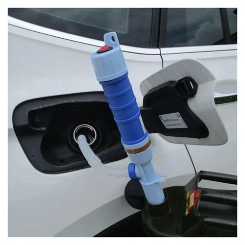 Portable Battery Fuel Transfer Pump For Vehicle Maintenance With Auto Shutoff And Leak Proof Design Perfect For Gas, Oil And Diesel Handling On The Go For DIY Car Owners, blue pump in use.