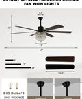 Bella Depot 65" Crystal Fandelier Low Profile Ceiling Fan with Light, showing dimensions and components, black finish and crystal design.