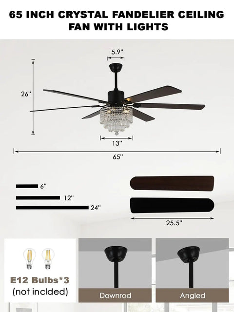 Bella Depot 65" Crystal Fandelier Low Profile Ceiling Fan with Light, showing dimensions and components, black finish and crystal design.