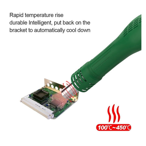 2 In 1 Hot Air Rework Station With LED Display Soldering Iron desoldering a circuit board showing temperature range