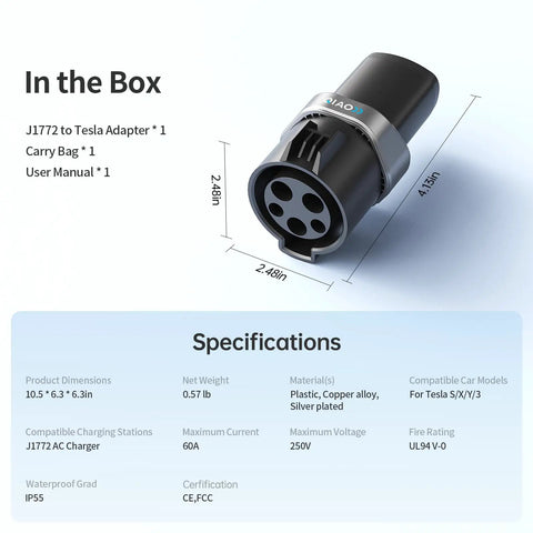 Top Shelf J1772 To Tesla Charging Adapter Up To 80A Fast Electric Connector for Model 3 Y X S Cybertruck, specifications and dimensions.