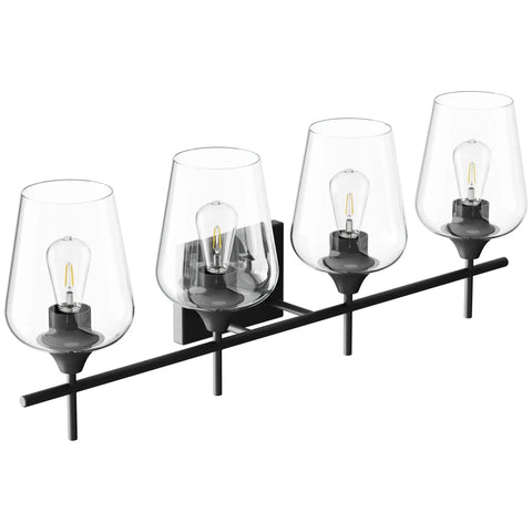 4 Light Vanity Light Fixture With Clear Glass Shades Black Finish Modern Industrial Style Over Mirror Wall Lamp Ideal For Bathroom Bedroom Hallway LED Compatible Dimmable And Energy Efficient