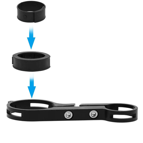 Assembly diagram of Bike Handlebar Extender Aluminum Alloy Double Clamp Mount Space Saver with rings and bracket.