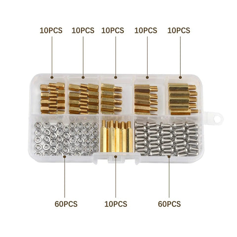 180 Piece M3 Hardware Kit With Brass Threaded Pillars, Hex Nuts, Spacers, And PCB Motherboard Standoffs For Grab And Go Electronics Assembly, DIY Projects And Computer Build Fastening. Assorted parts in organizer case