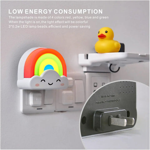 Rainbow Night Light Plug In With Dusk To Dawn Sensor, 0.5W LED Nursery Nightlight For Kids, smile emoji design on wall outlet