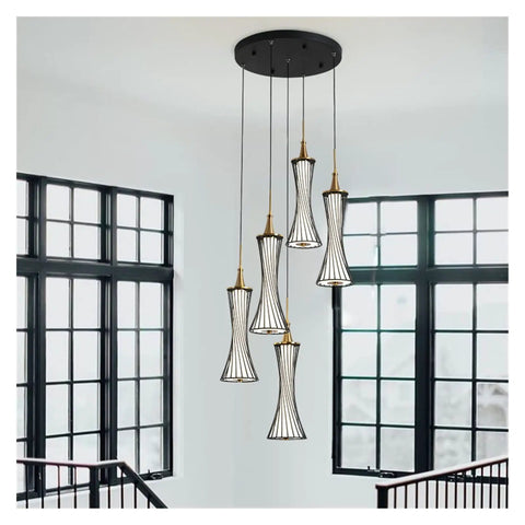 Modern Black Creative Pendant Lamp Pretty Waist LED Light for Duplex Living Room Staircase Loft Restaurant (Colour: 1Light Size: Neutrallight4000K) (5lights Neutrallight4000K) hanging above a staircase.