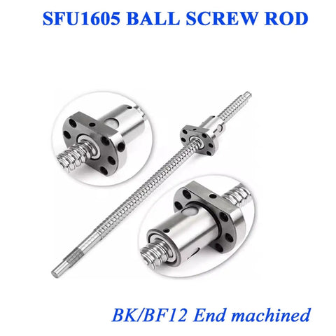 Rolled Ball Screw SFU1605 with nut end, machined BK BF12 support, visible flange-nut, CNC linear motion part for high precision.