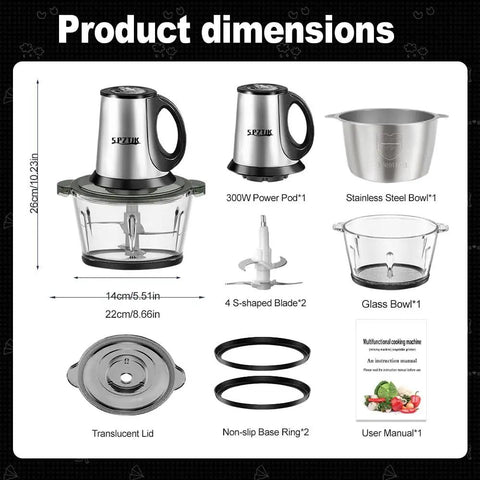 Three Speed Electric Food Processor With Meat Grinder And Veggie Chopper For Baby Food Maker 300 Watt Power Quiet Operation shown with components