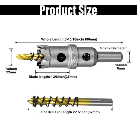 SALI 7/8in (22mm) TCT hole saw kit with titanium-plated pilot drill bit for metal, stainless steel, iron, wood, plastic