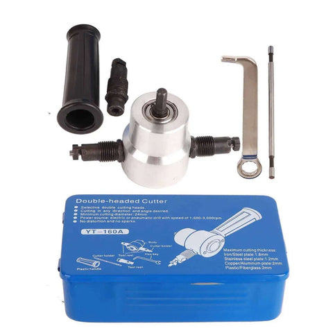 Dual Head 160A Metal Nibbler Drill Attachment with metal heads, 6.35mm hex shank, and toolset in blue case