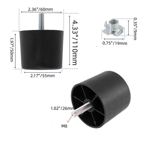 Round Black Sofa Legs Set 8 Premium Plastic Couch Legs with 8 Four Claw T Nuts No Fuss DIY Easy Install for Sofas and Chairs
