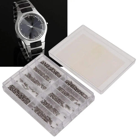 Pro Level Stainless Steel Crosshead Screws For Watch Case Back Repair With Several Precision Sizes Arranged Inside A Secure Labeled Storage Bin Silver Edition, showing assorted screws in a clear organizer.