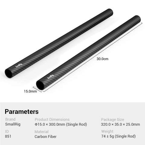 Hella Lightweight 15mm Carbon Fiber Camera Support Rods 12 Inches Pack Of 2 Smooth Matte Finish rods side view with dimensions displayed.