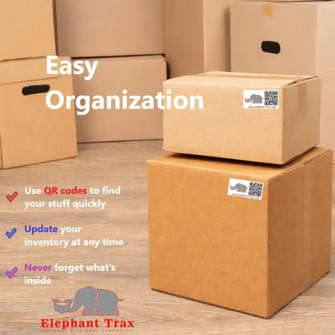 Smart QR Code Labels For Storage Bins And Moving Boxes 40 Pack Scannable Stickers For Totes on stacked cardboard boxes.