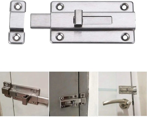 Stainless Steel Sliding Door Bolt Lock 2 Pack Surface Mounted Latch 3 Inch Door Bolts For Internal Doors Built To Last Tough As Nails Rustproof Security For Home And Office installed on white doors, displaying locking mechanism and handles.