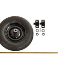 Two Wheel Conversion Kit For Wheelbarrows Boost Stability And Load Capacity By Upgrading From A Single To Dual Wheels Fits 8 Inch Wheels And 6 Inch Hubs Includes Wheel Axle Parts Bag And Instructions showing an 8-inch wheel, axle, brackets, and washers