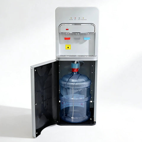Bottom loading water cooler dispenser for 5 gallon bottle with three temperature settings cold warm and hot child lock open door view