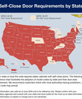 Self-Close Door Requirements by State map indicating NFPA regulations for flammable liquid storage cabinet safety.