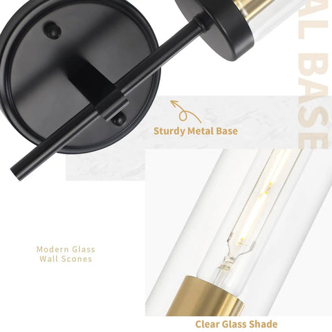 Close-up of Black Wall Sconce Lighting Modern Vanity Fixture With Clear Glass Shades Dimmable Over Mirror Bath Lights, metal base detail.