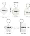 DIY Sublimation Keychains Set Double-Sided Heat Transfer Blanks, 5 shapes including heart and star shown with dimensions