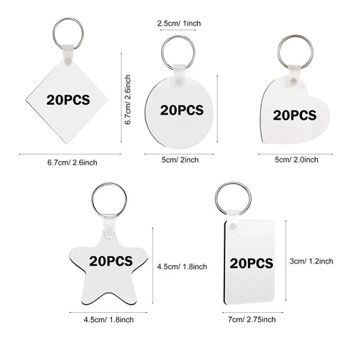 DIY Sublimation Keychains Set Double-Sided Heat Transfer Blanks, 5 shapes including heart and star shown with dimensions