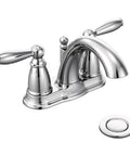 Brantford Chrome Two-Handle Low Arc Centerset Bathroom Faucet With Drain Assembly, Traditional Style, reflective chrome finish