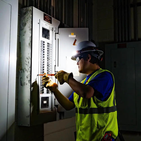 Electrician using Rechargeable Wide Beam Headlamp With Strap And 575 Lumens Five Lighting Modes All Day Runtime Direct Focus And Hard Hat Compatibility For Work And Outdoor Adventures while examining a circuit breaker panel.