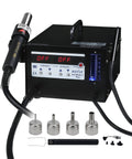 852A Pro SMD Digital Hot Air Rework Station with vacuum pickup tool, front view, showing 500 watt heating power and airflow gauge.
