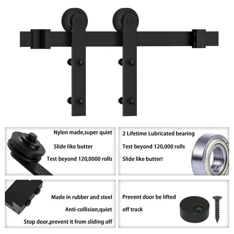 Black Straight Design Sliding Barn Door Hardware Kit for Single Wood Door, Track System with Roller components shown