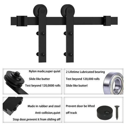 Heavy Duty 6 Foot Sliding Barn Door Hardware Kit For Single Door Featuring Hard Core Black Aluminum Track and Runs Like Clockwork Carriage for smooth operation.