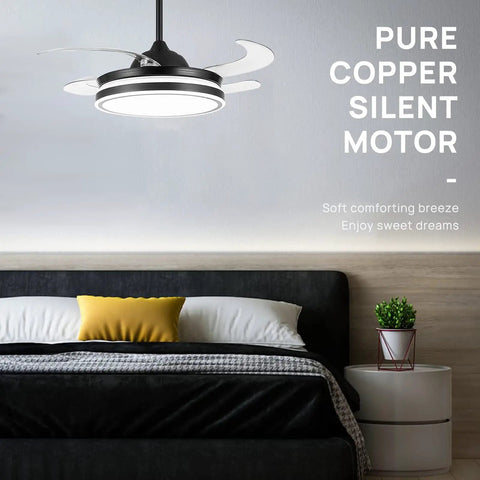 42 Inch Retractable Ceiling Fan With Lights And Remote For Home Use In Bedroom Living Room And Dining Area, Quiet DC Motor