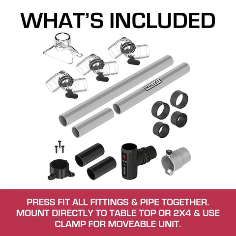 Components of Third Hand Dust Collection Boom Arm for Workbench Mount with On Demand Fume Extraction and Snag Free Hose Drops
