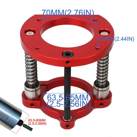 Rugged Adjustable Router Lift Made Of Solid Aluminum With Dual Stainless Steel Rods Runs Smooth As Butter Fits 65mm Trimmers showing a close-up of the red assembly with measurement markings.