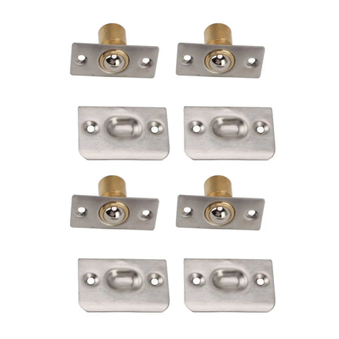 Adjustable Ball Catch Hardware For Cabinet Doors Solid Brass Latch Set with Strike Plates, shown in a set of eight.
