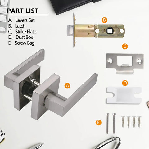 Hall Closet Lever Door Lock Handle Satin Nickel Finish Heavy Duty Passage Hardware with included parts labeled A to E